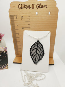 553 Black and Sparkly Silver Leaf Long Statement Necklace