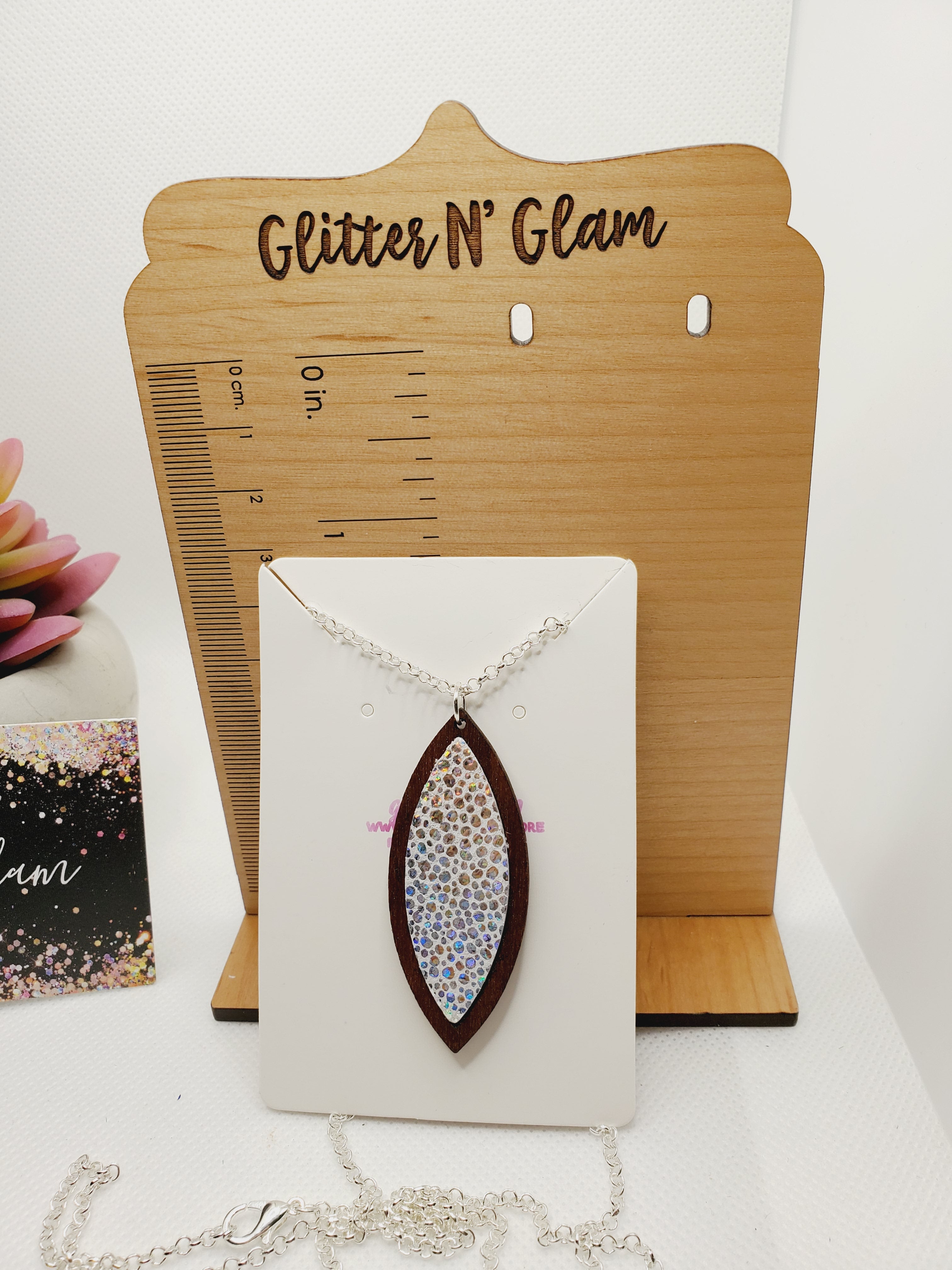 556 Irridescent Silver with Wood Long Statement Necklace