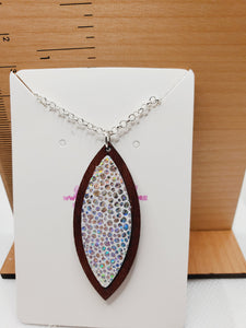 556 Irridescent Silver with Wood Long Statement Necklace