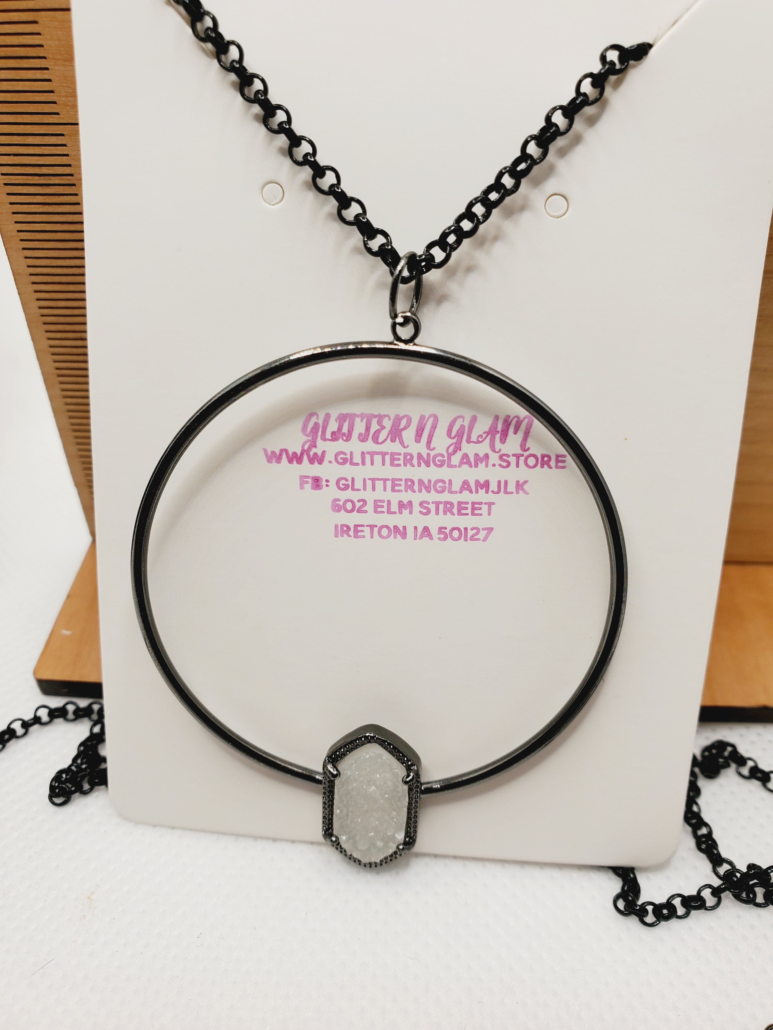 558 Gunmetal with White Druzy Long Statement Necklace