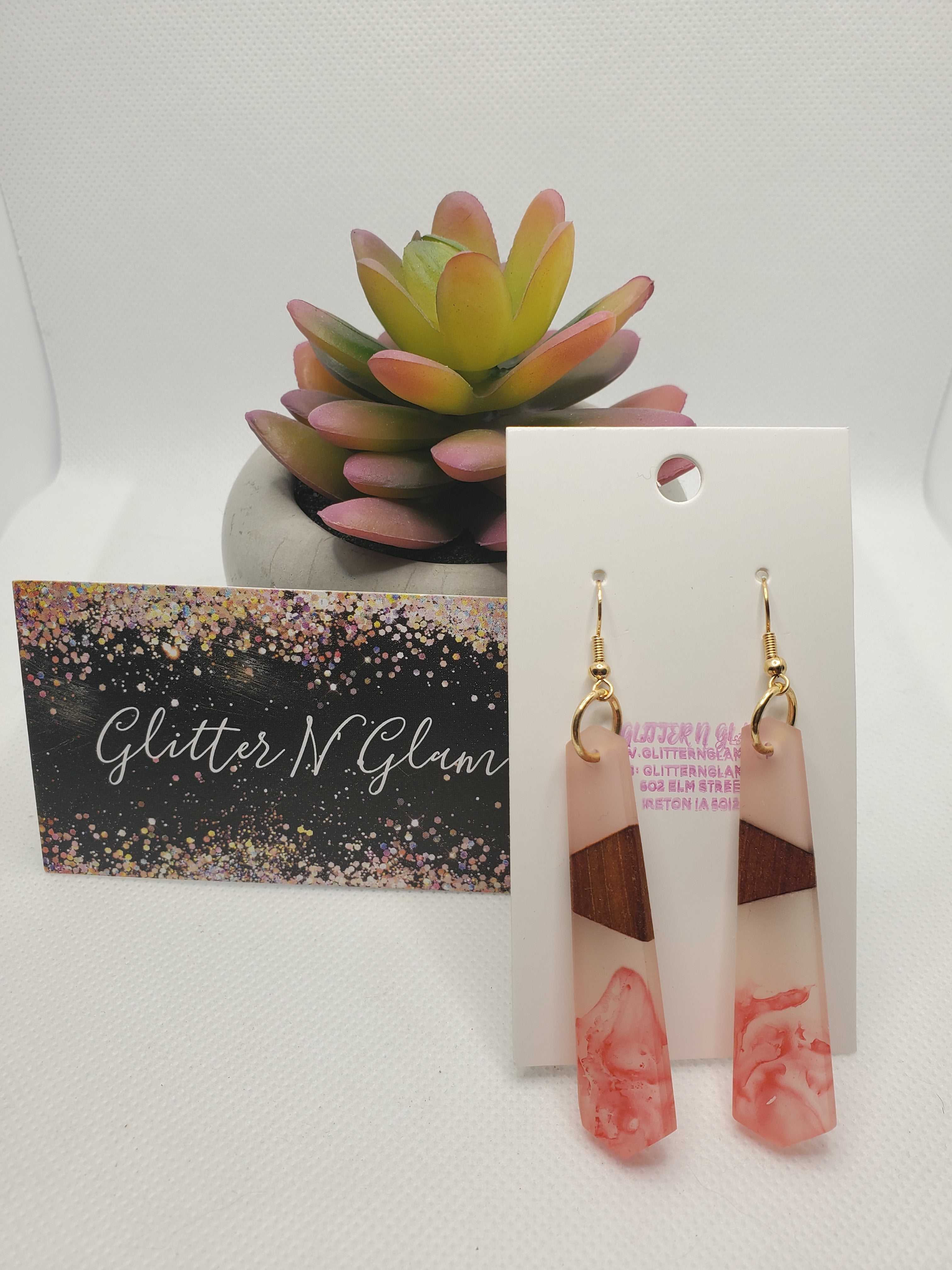 1024 Pink Resin and Wood Dangle Earrings