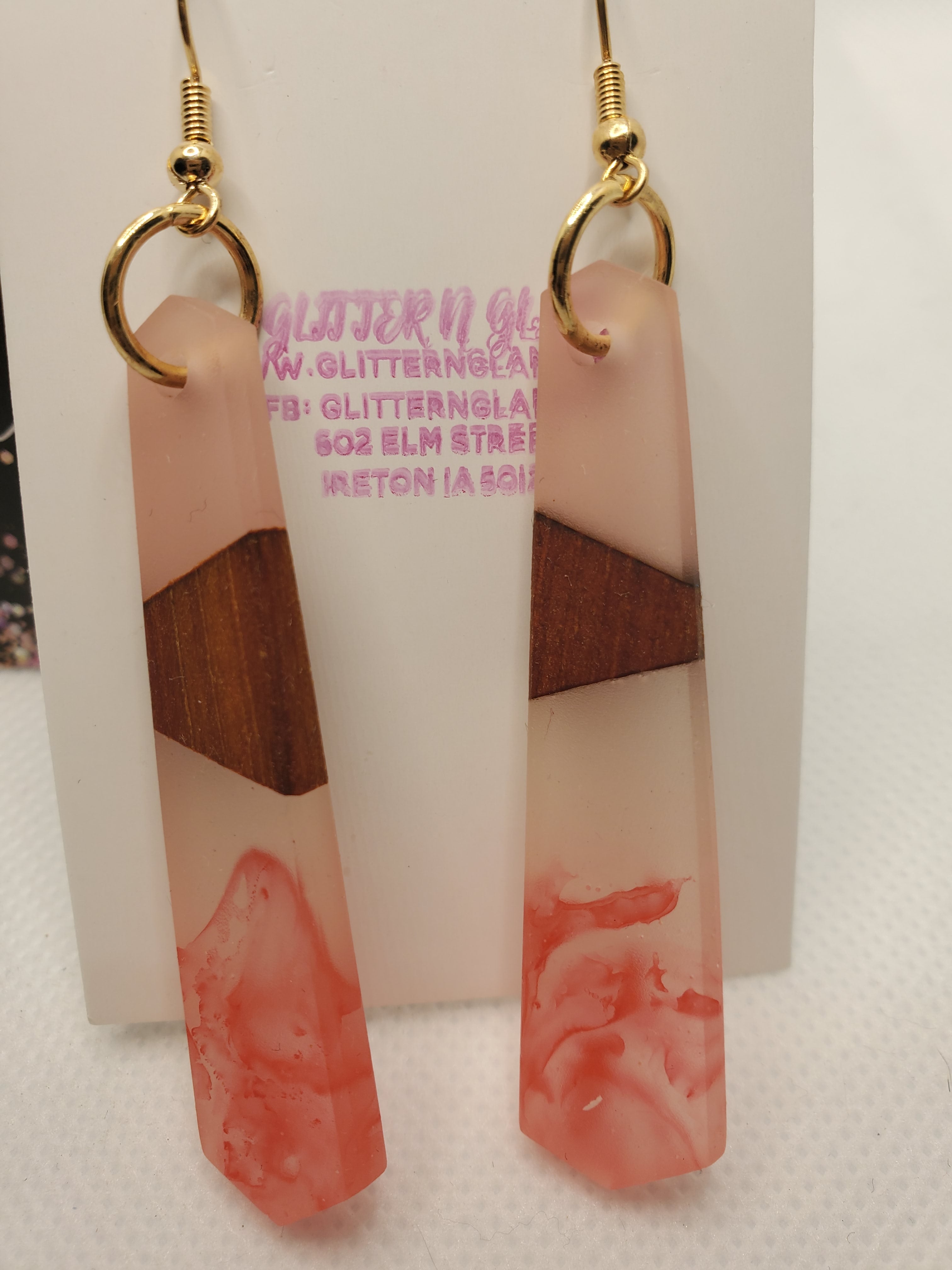 1024 Pink Resin and Wood Dangle Earrings