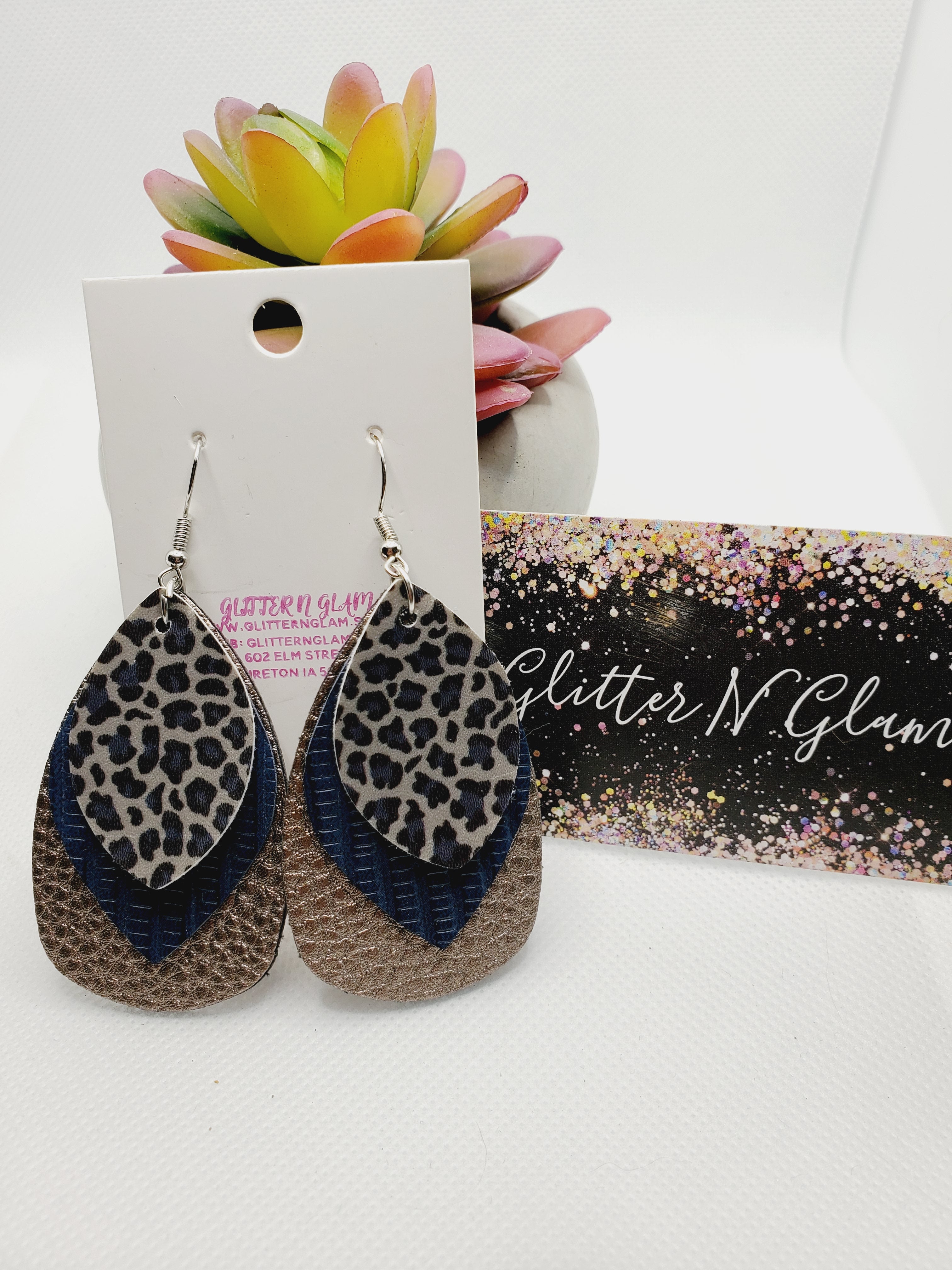 1038 Rosegold, Navy and Animal Print Leather Dangle Earrings