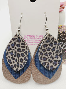 1038 Rosegold, Navy and Animal Print Leather Dangle Earrings
