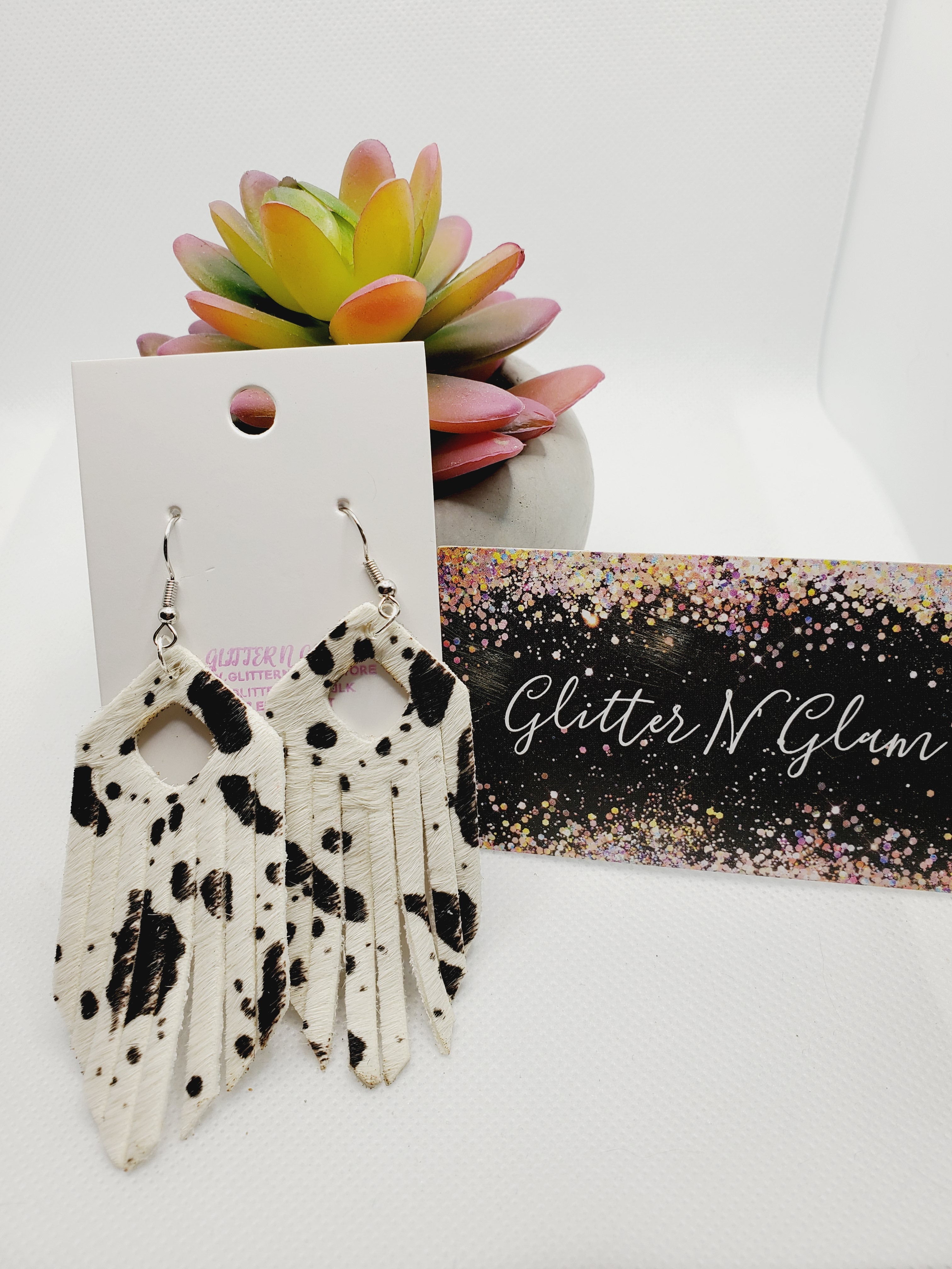 1041 Leather Cow Hair on Print Fringe Dangle Earrings