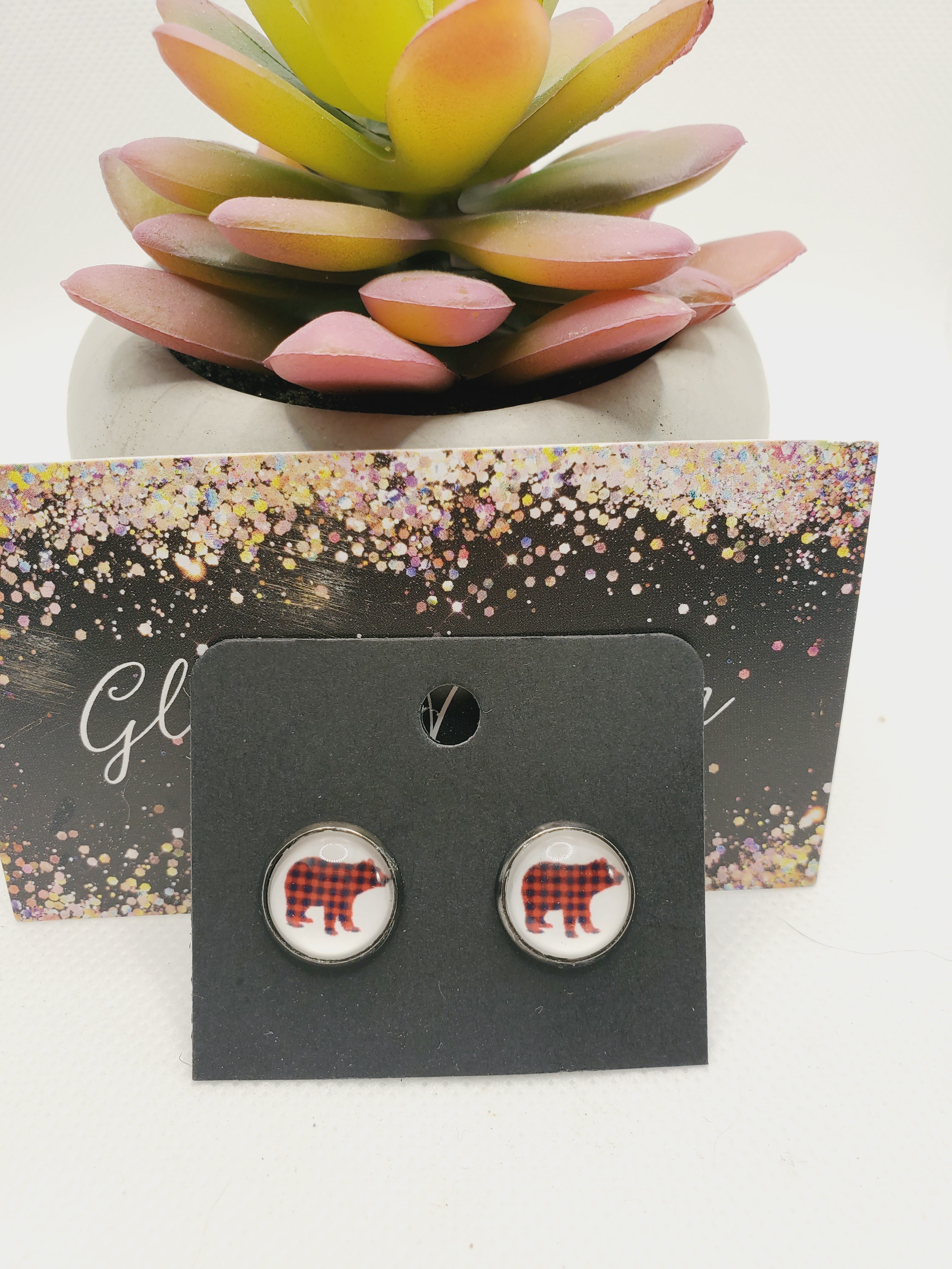 1062 Buffalo Plaid Bear Stud Earrings