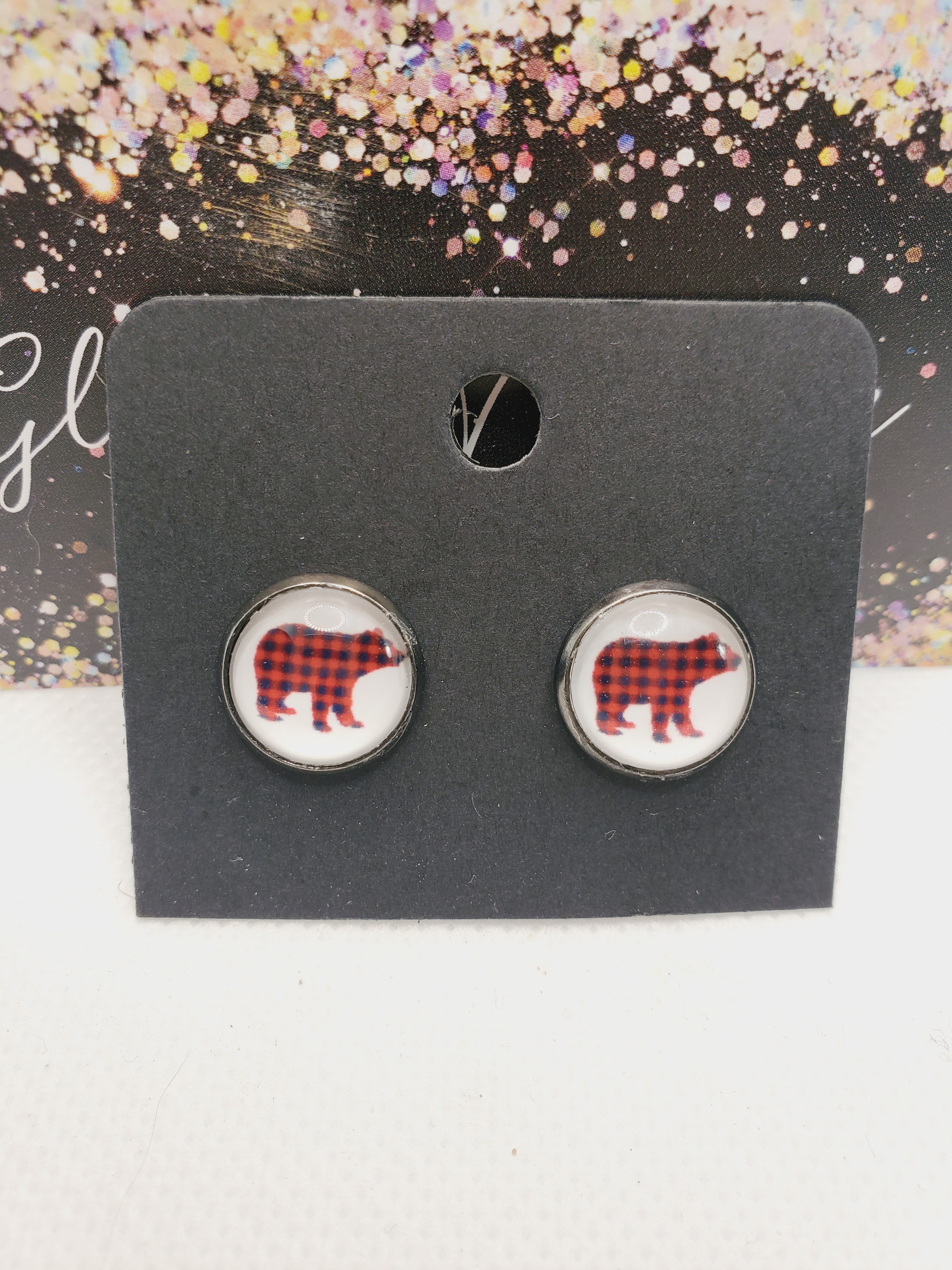 1062 Buffalo Plaid Bear Stud Earrings