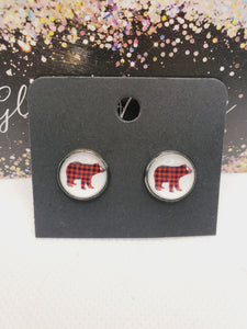 1062 Buffalo Plaid Bear Stud Earrings