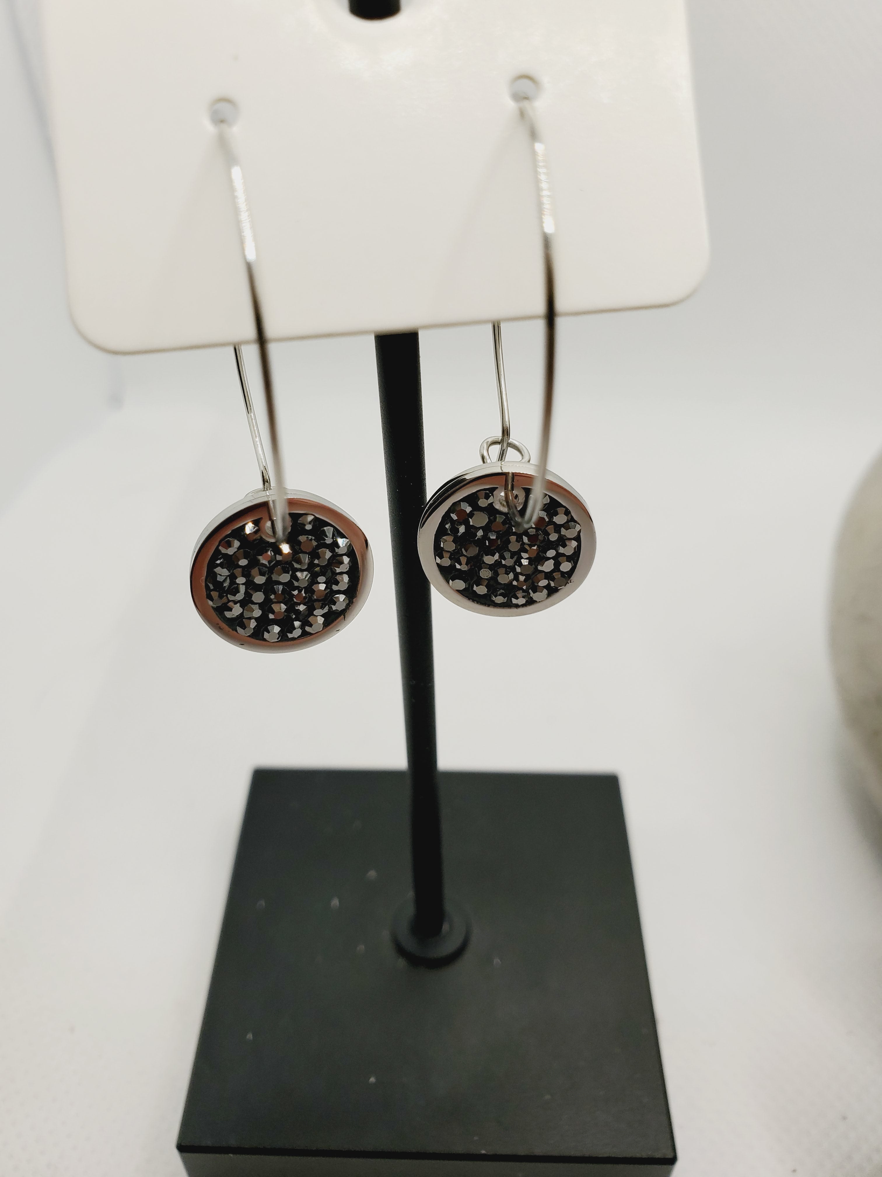 1092 Silver Hoops with Black Druzy
