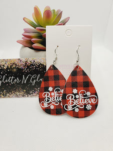 1129 Red Buffalo Plaid Believe Dangle Earrings