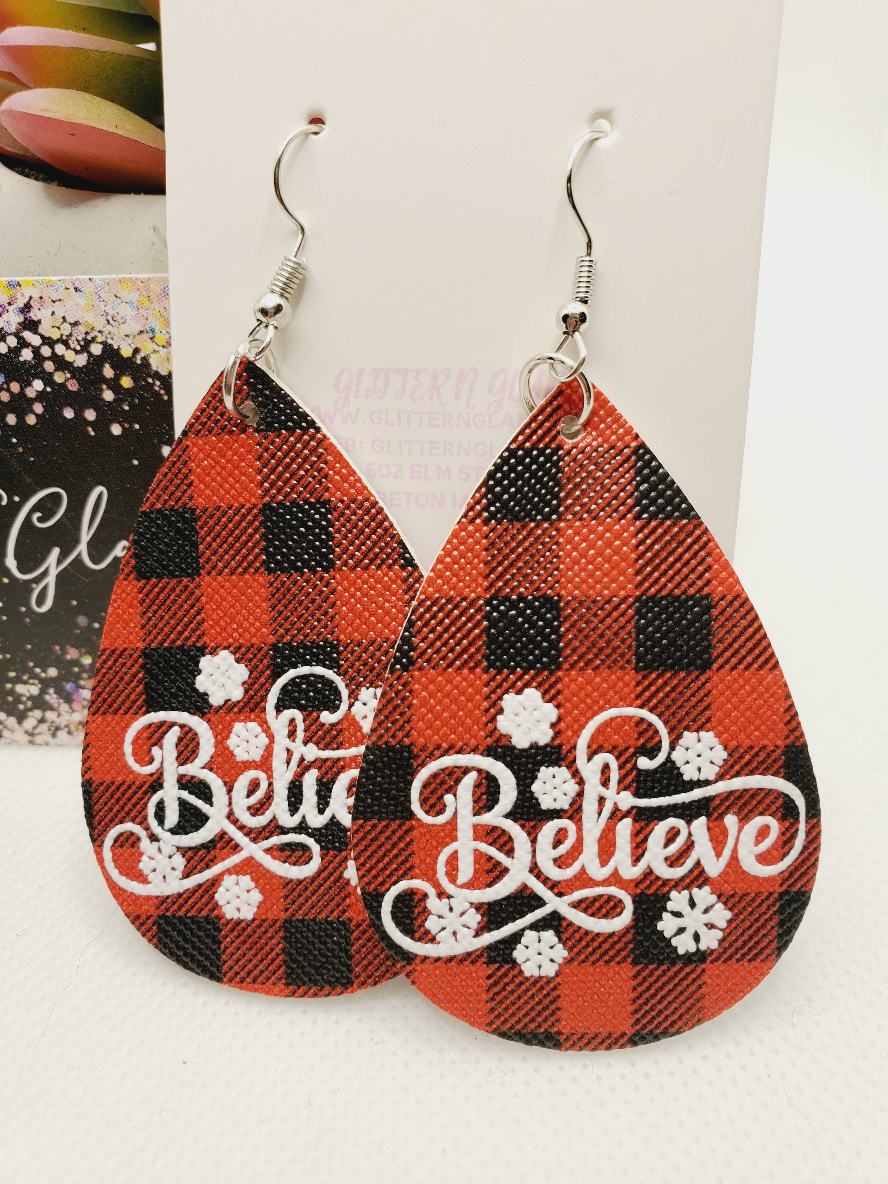 1129 Red Buffalo Plaid Believe Dangle Earrings