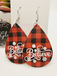 1129 Red Buffalo Plaid Believe Dangle Earrings