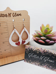 1156 White Open Teardrop with Red Heart Dangle Earrings