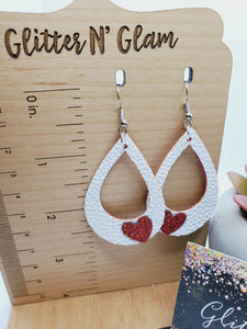 1156 White Open Teardrop with Red Heart Dangle Earrings