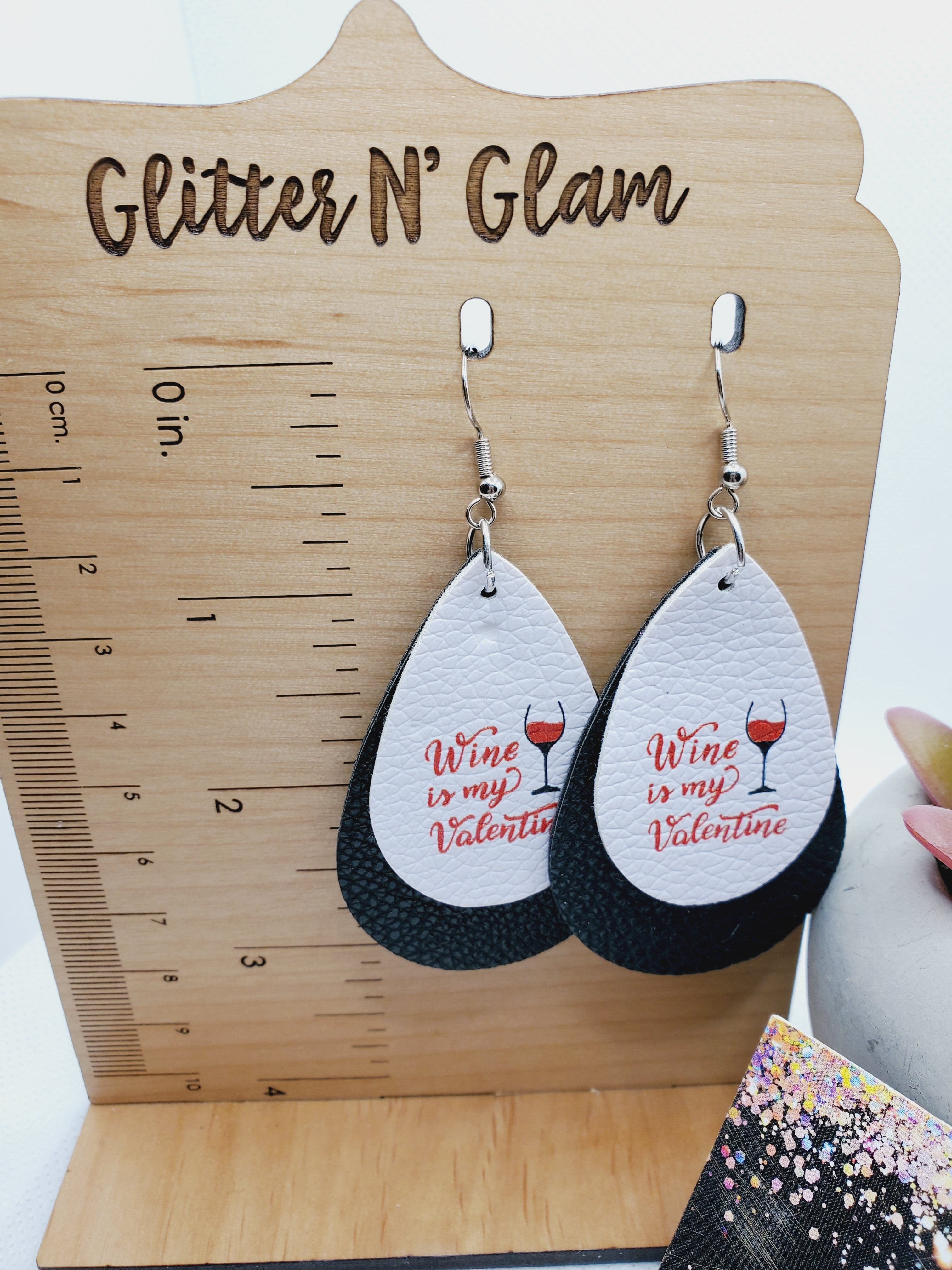 1151 Black/White/Red "Wine is my Valentine" Dangle Earrings