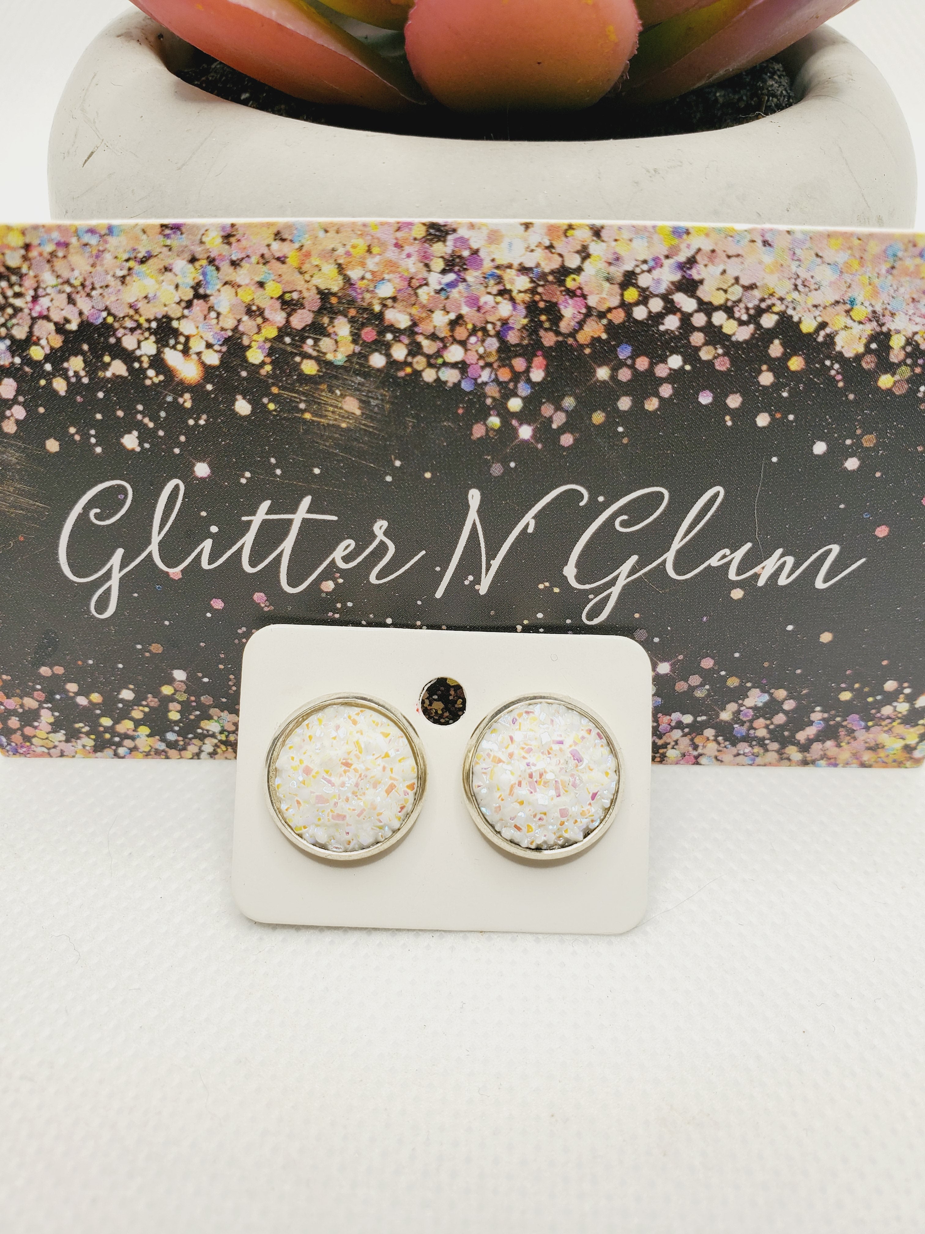 1163 Irridscent White Druzy Stud Earrings