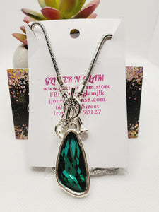 1214 Emerald And Silver Long Statement Necklace