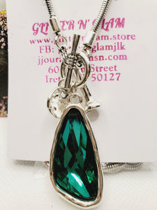 1214 Emerald And Silver Long Statement Necklace