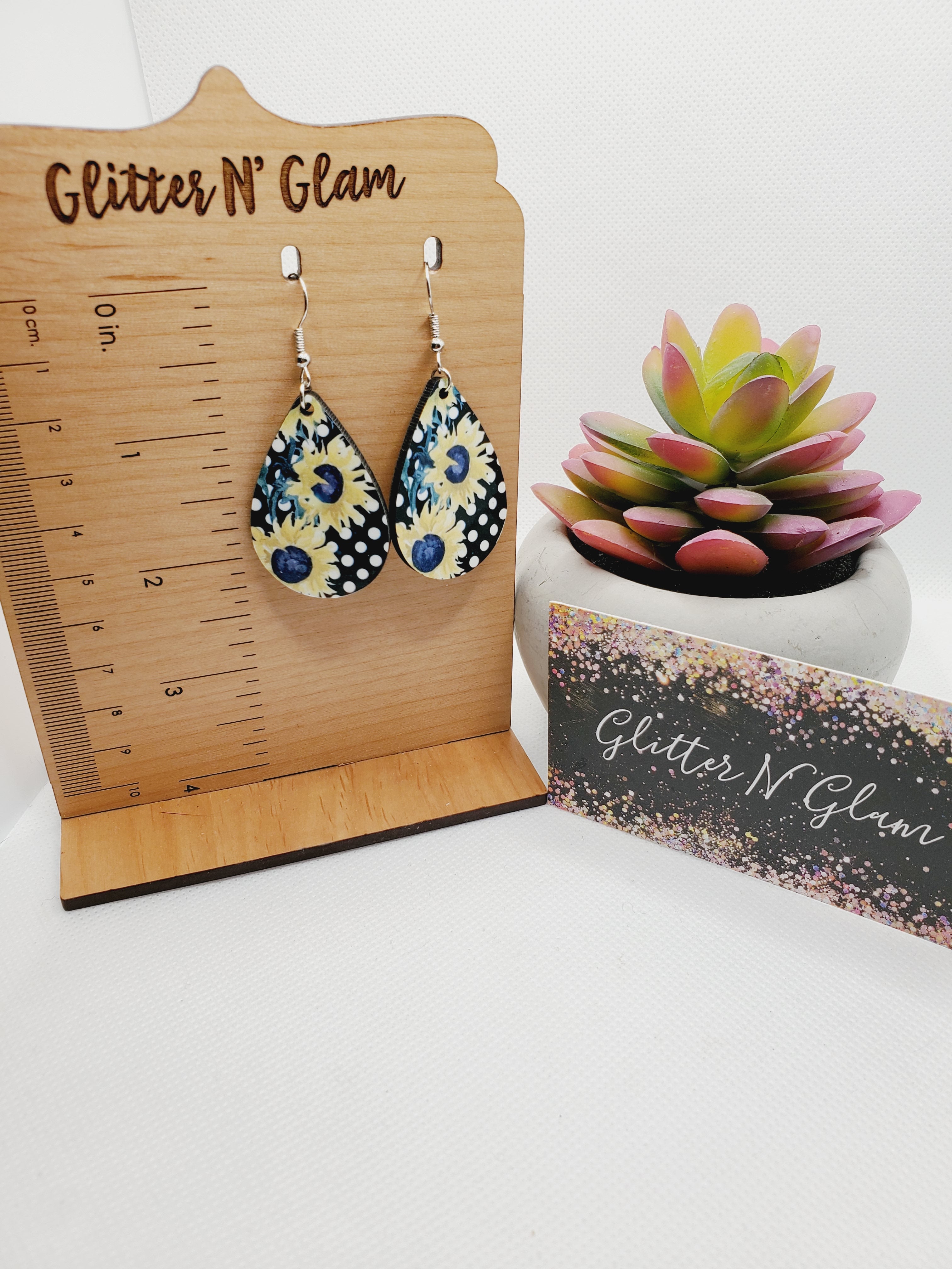 1192 Sunflower Decopage Wood Dangle Earrings