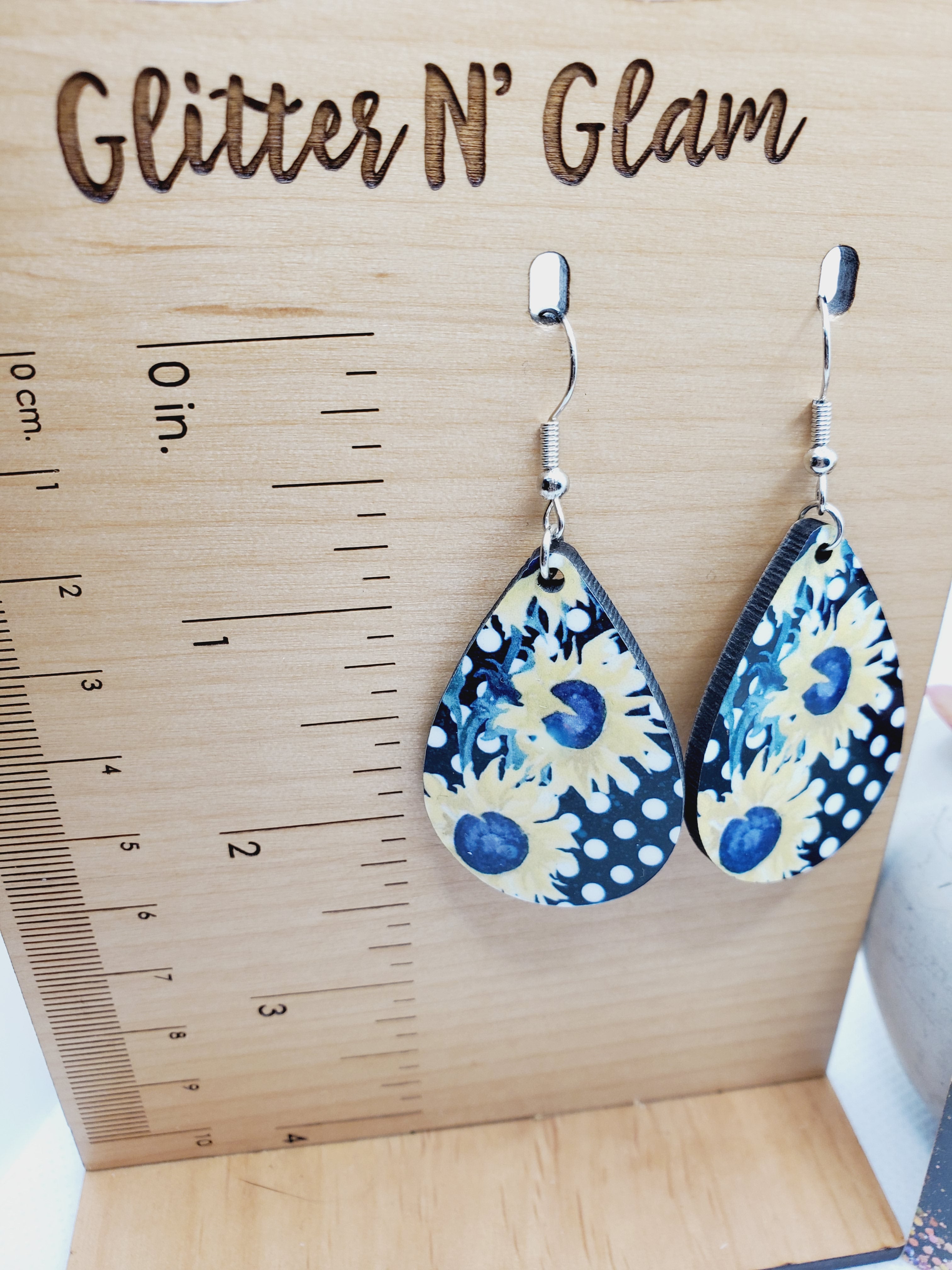 1192 Sunflower Decopage Wood Dangle Earrings