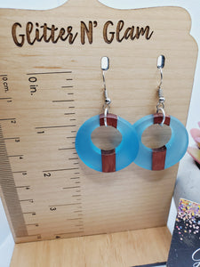 1196 Blue Resin and Wood Cirlce Dangle Earrings