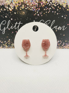 990 Sparkly Pink Wine Glass Stud Earrings