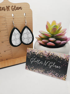 1238 White Swiss Dot Leather with Black Wood Dangle Earrings