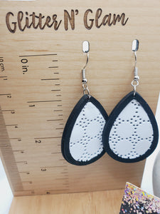 1238 White Swiss Dot Leather with Black Wood Dangle Earrings
