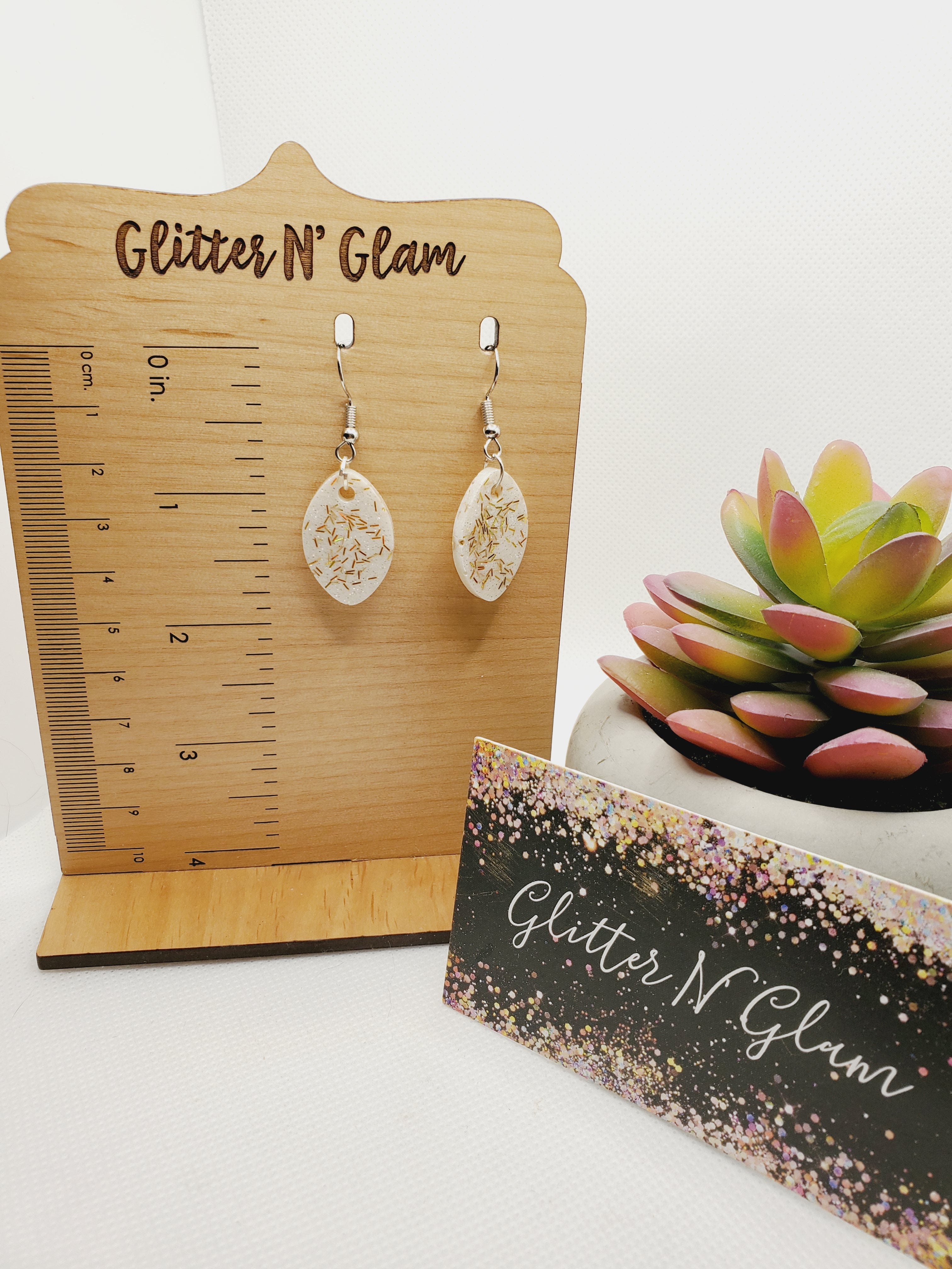 1246 Resin White with Gold Sparkles Dangle Earrings
