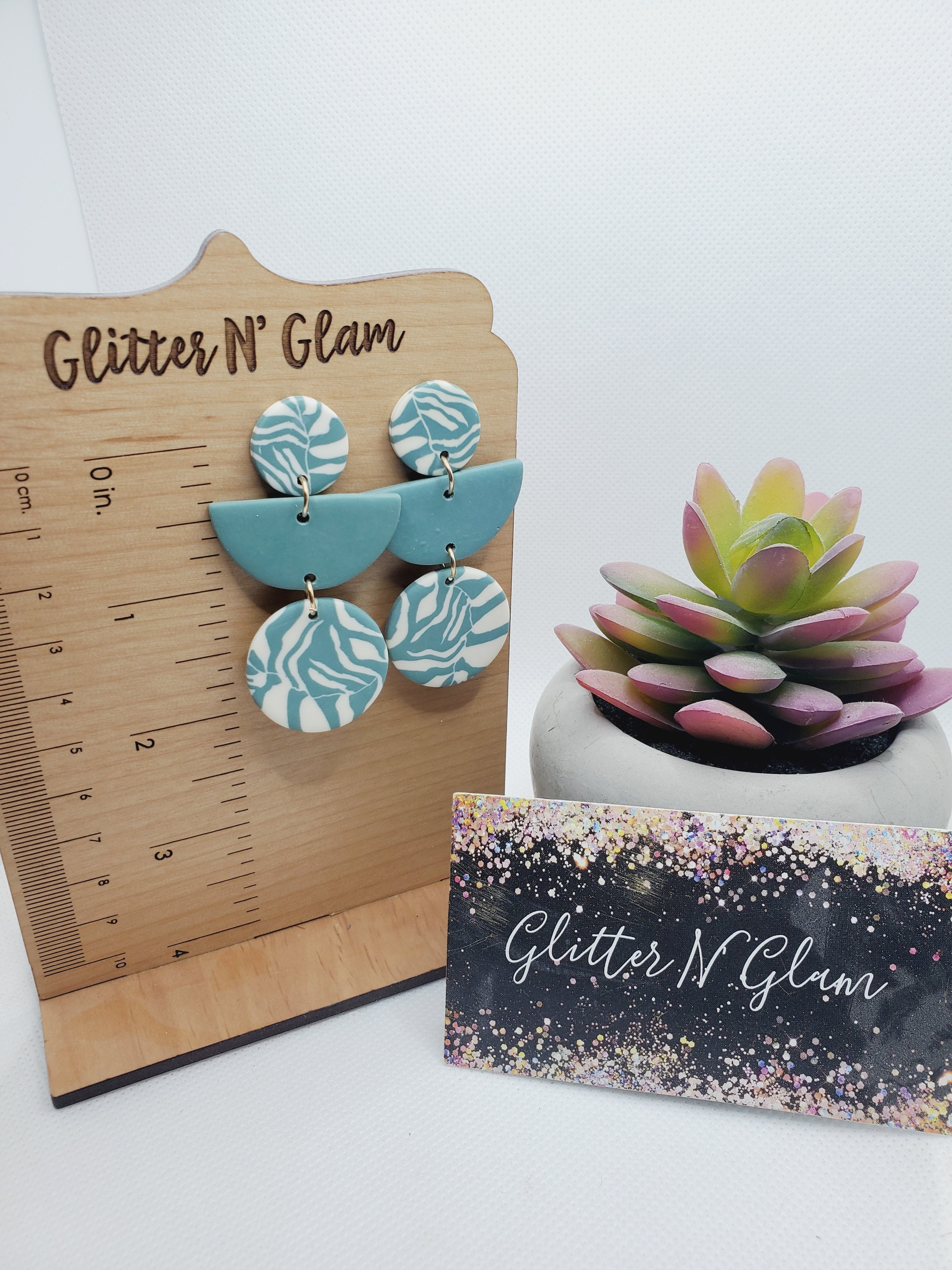 1320 Teal/White Polymer Clay Dangle Earrings