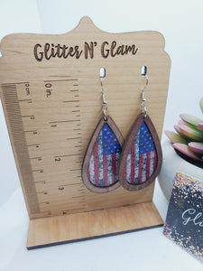 1329 Vintage Wood American Flag Dangle Earrings