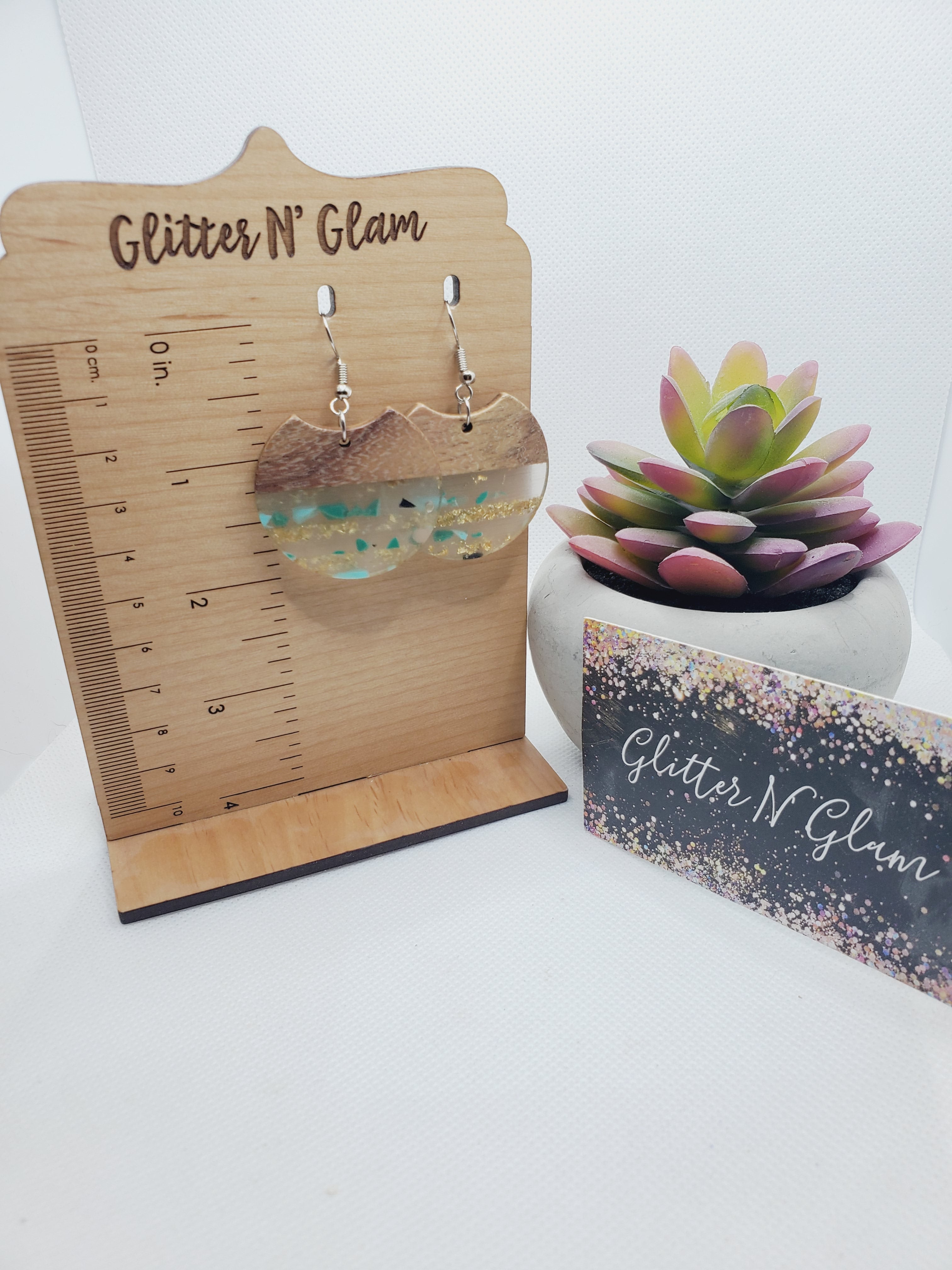 1340 Resin with Green and Gold and Wood Dangle Earrings