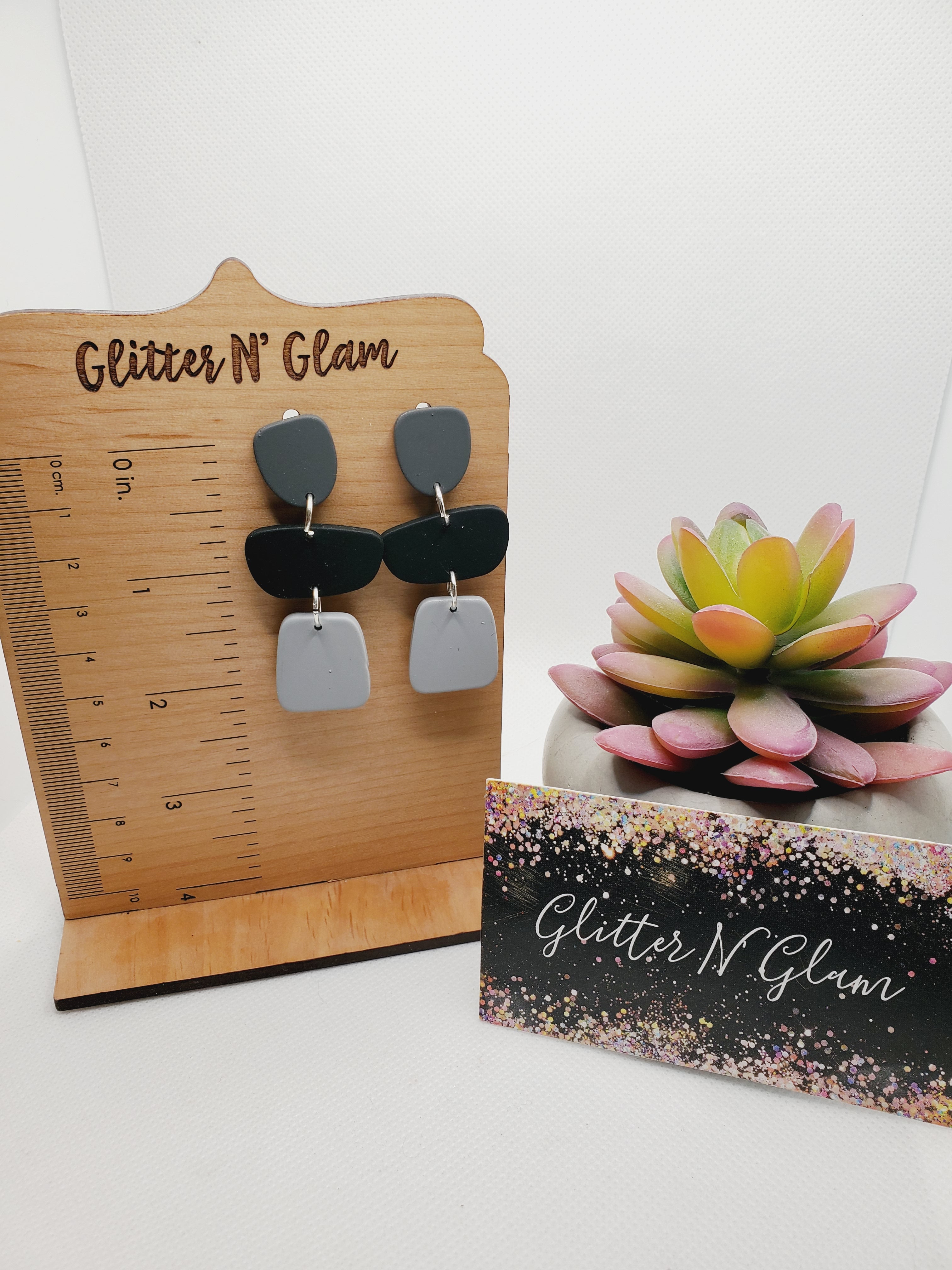 1445 Polymer Clay Dangle Earrings Dk Gray, Black and Lt Gray