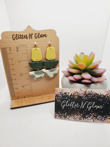 1442 Polymer Clay Dangle Earrings, Mustard Yellow, Dk Green, Gray and Cream