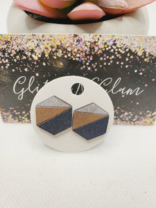 1383 Wood Three Tone Geometric Hexagon Stud Earrings