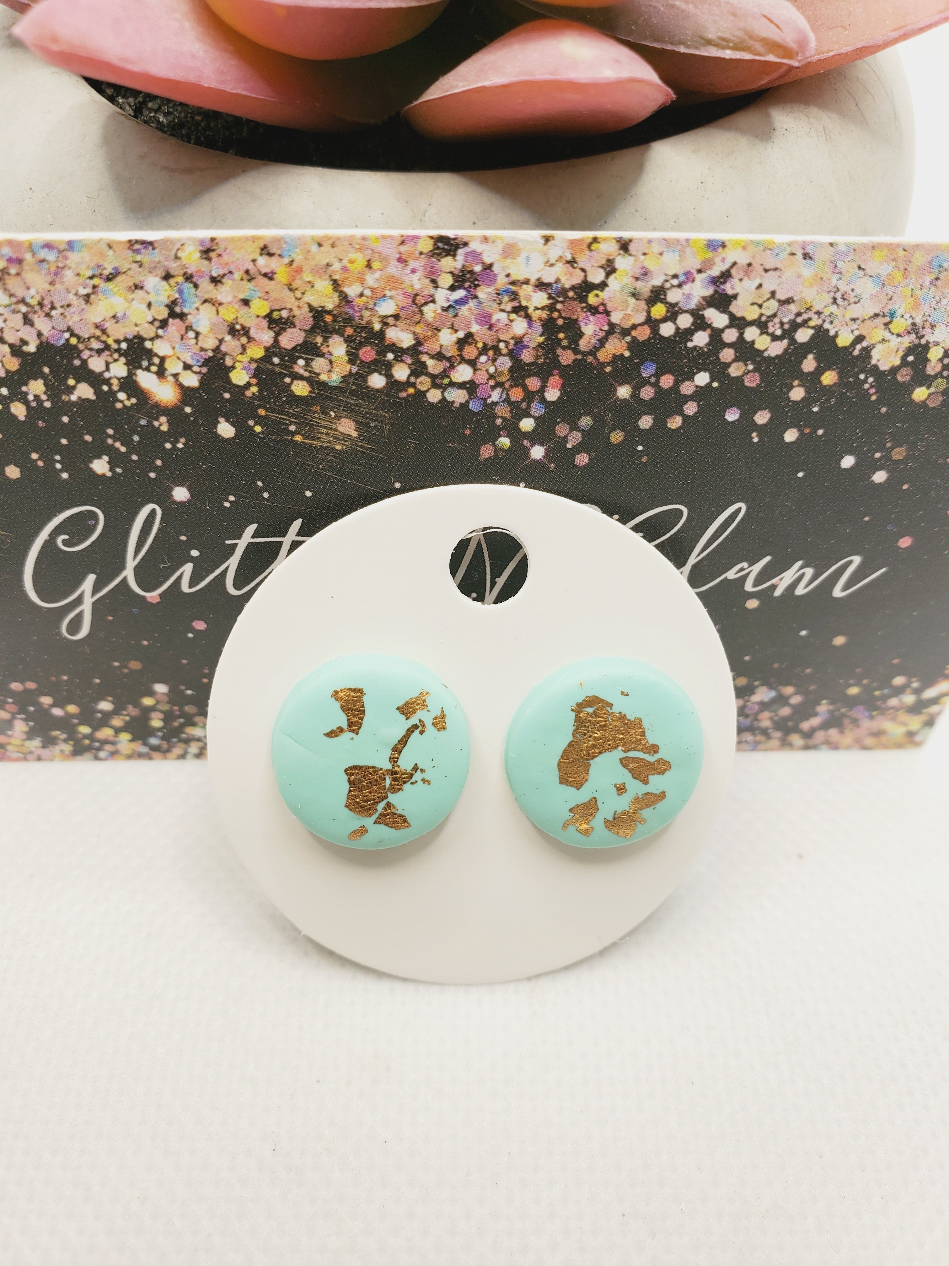1472 Polymer Clay Teal with Gold Flakes Stud Earrings