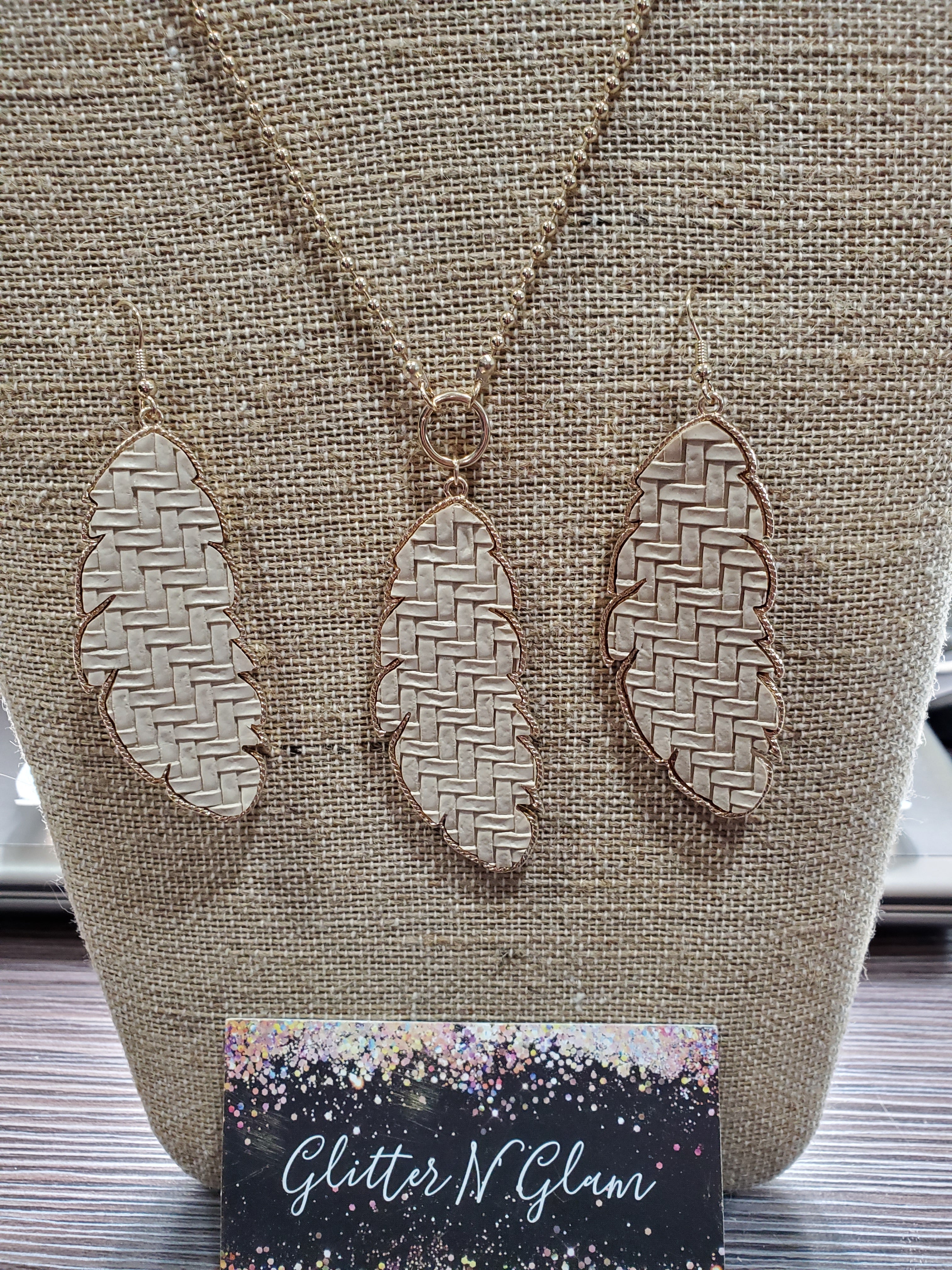 1488 Cream Leather Necklace and Earring Set with Gold Accents
