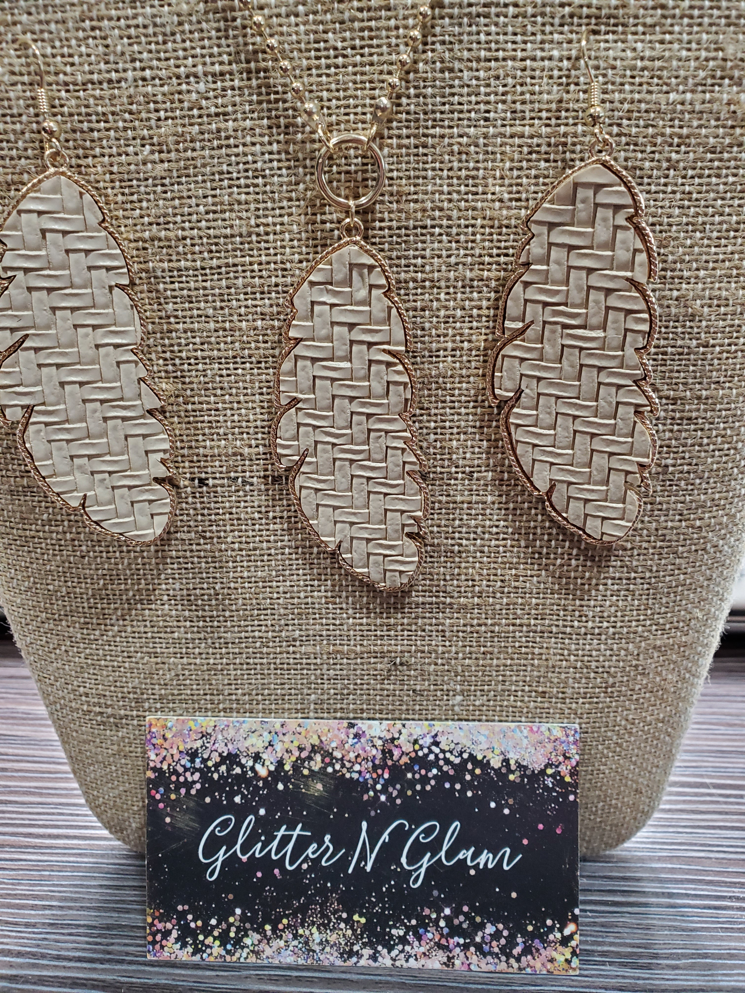 1488 Cream Leather Necklace and Earring Set with Gold Accents