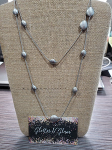 1470 Two Layer Silver Long Sweater Necklace with Silver Accents