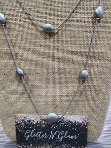 1470 Two Layer Silver Long Sweater Necklace with Silver Accents