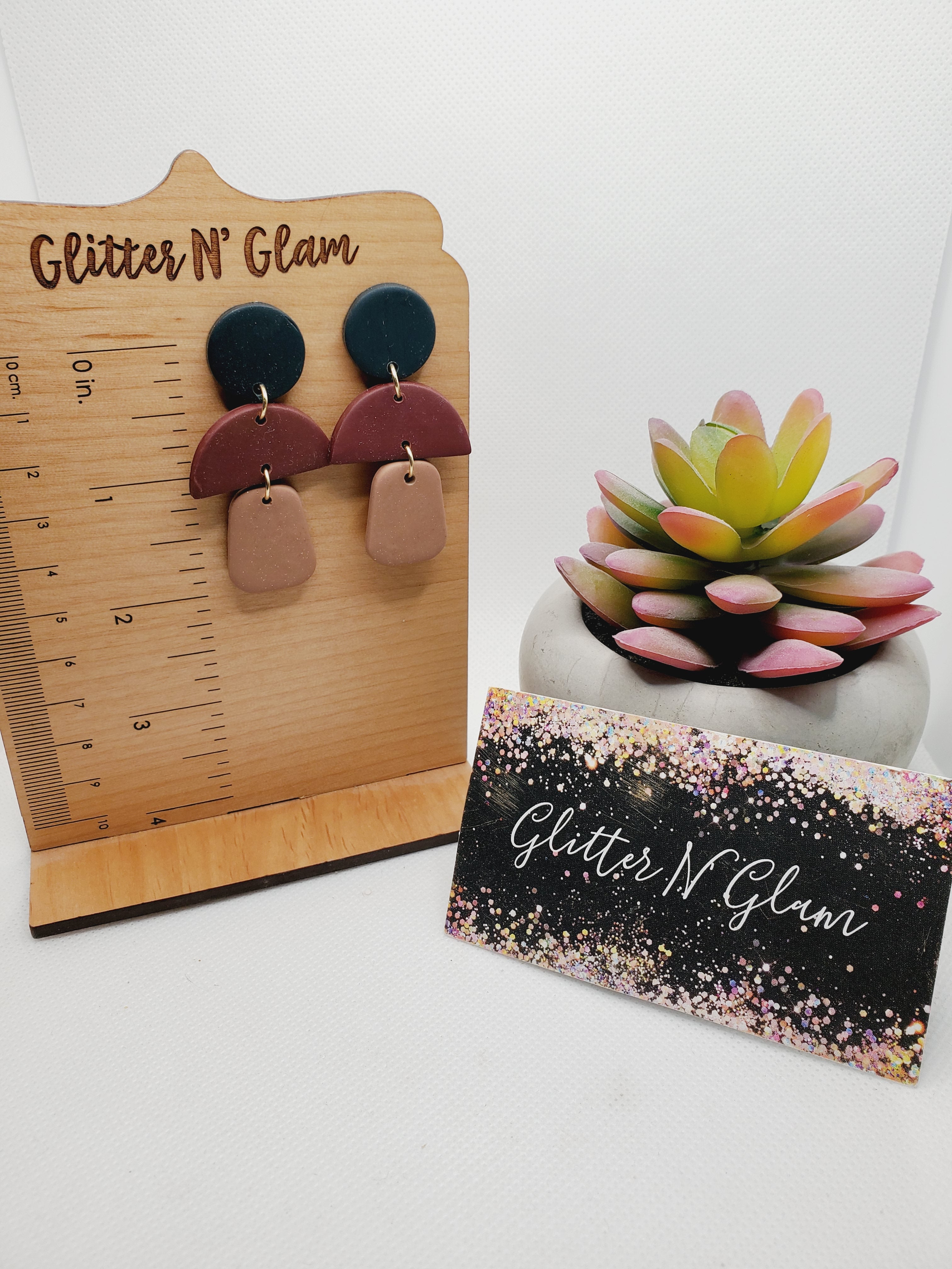 1546 Polymer Clay( Navy, Burgundy, and Tan with sparkles) Dangle Earrings