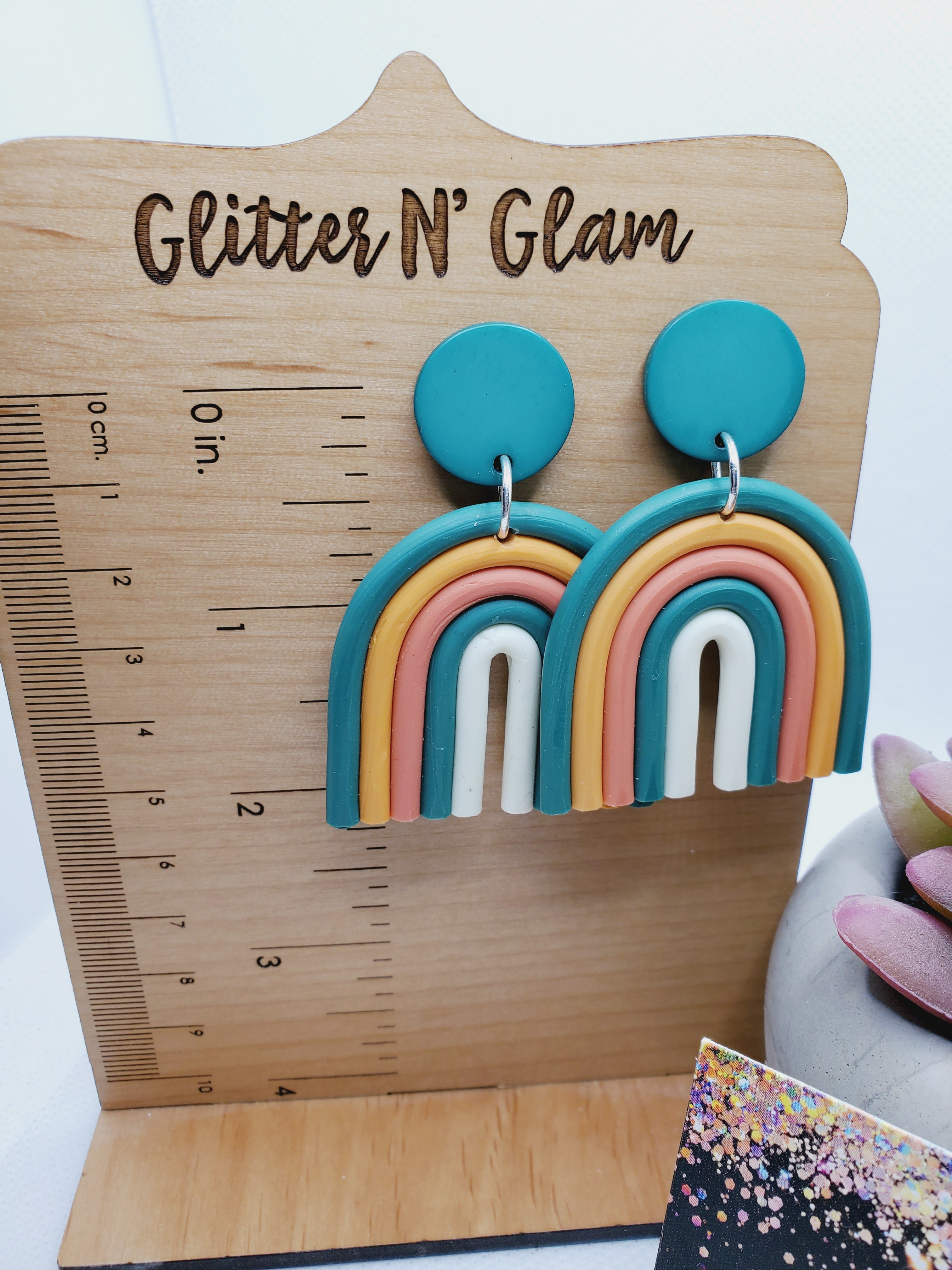 1611 Green, Orange, Pink and White Rainbow Shaped Polymer Clay Dangle Earrings