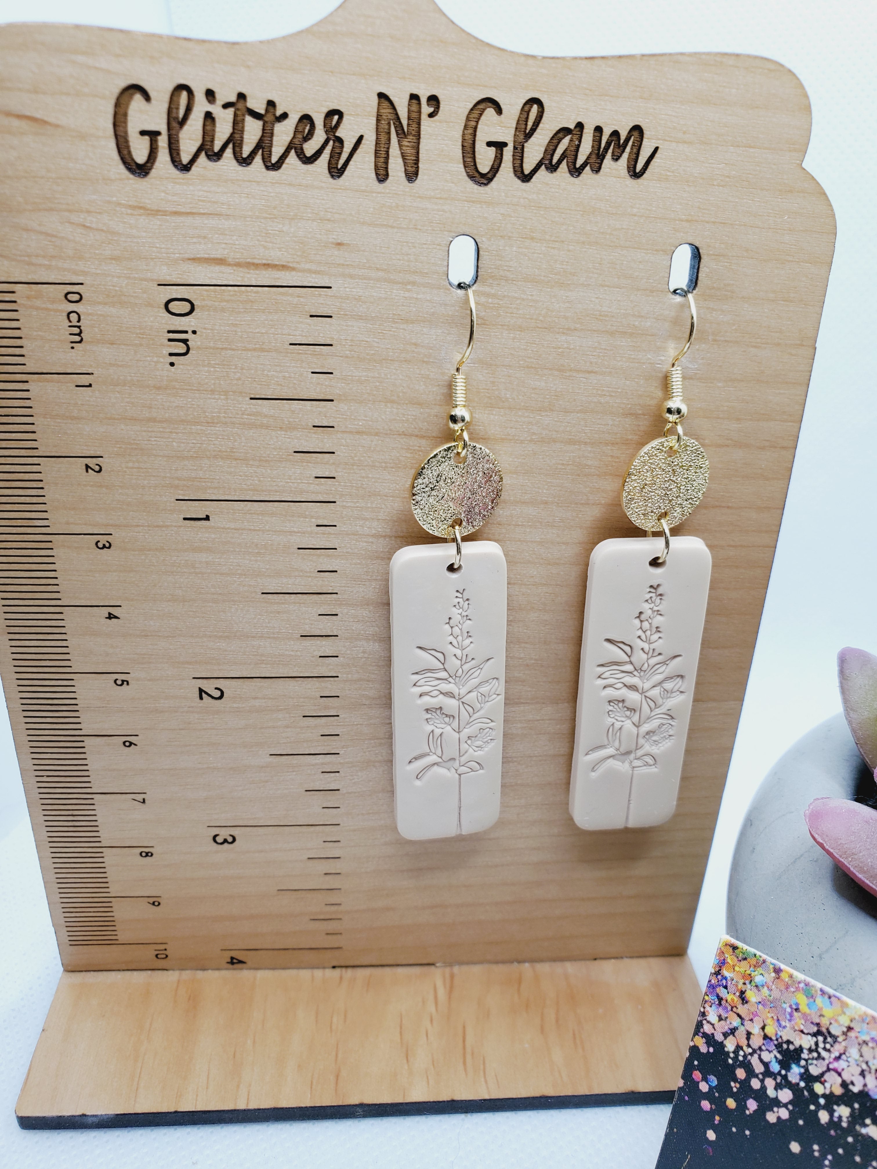 1617 Cream and Gold Floral Stamped Polymer Clay Dangle Earrings