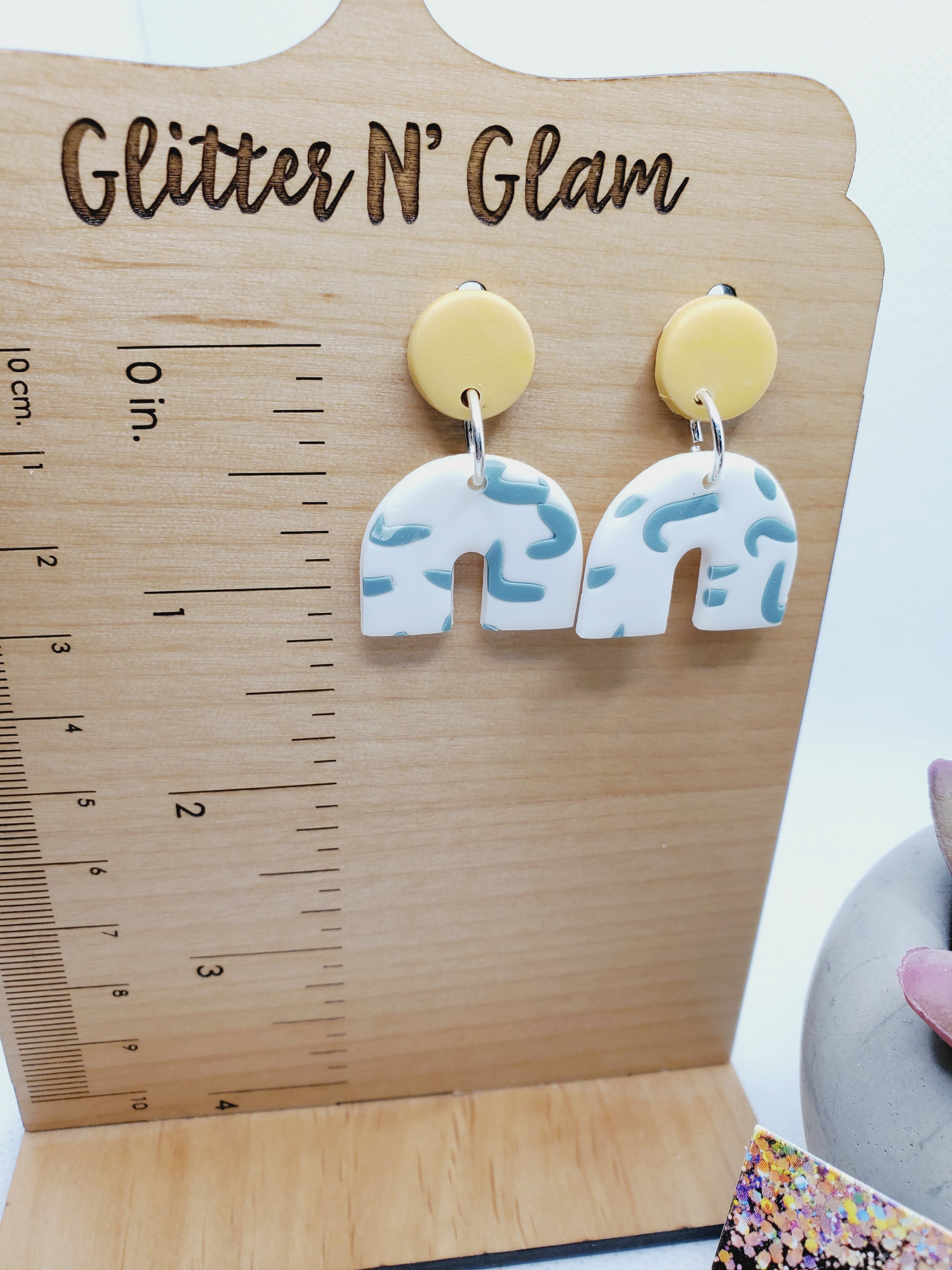1608 Mustard, White, and Sage Green Polymer Clay Dangle Earrings