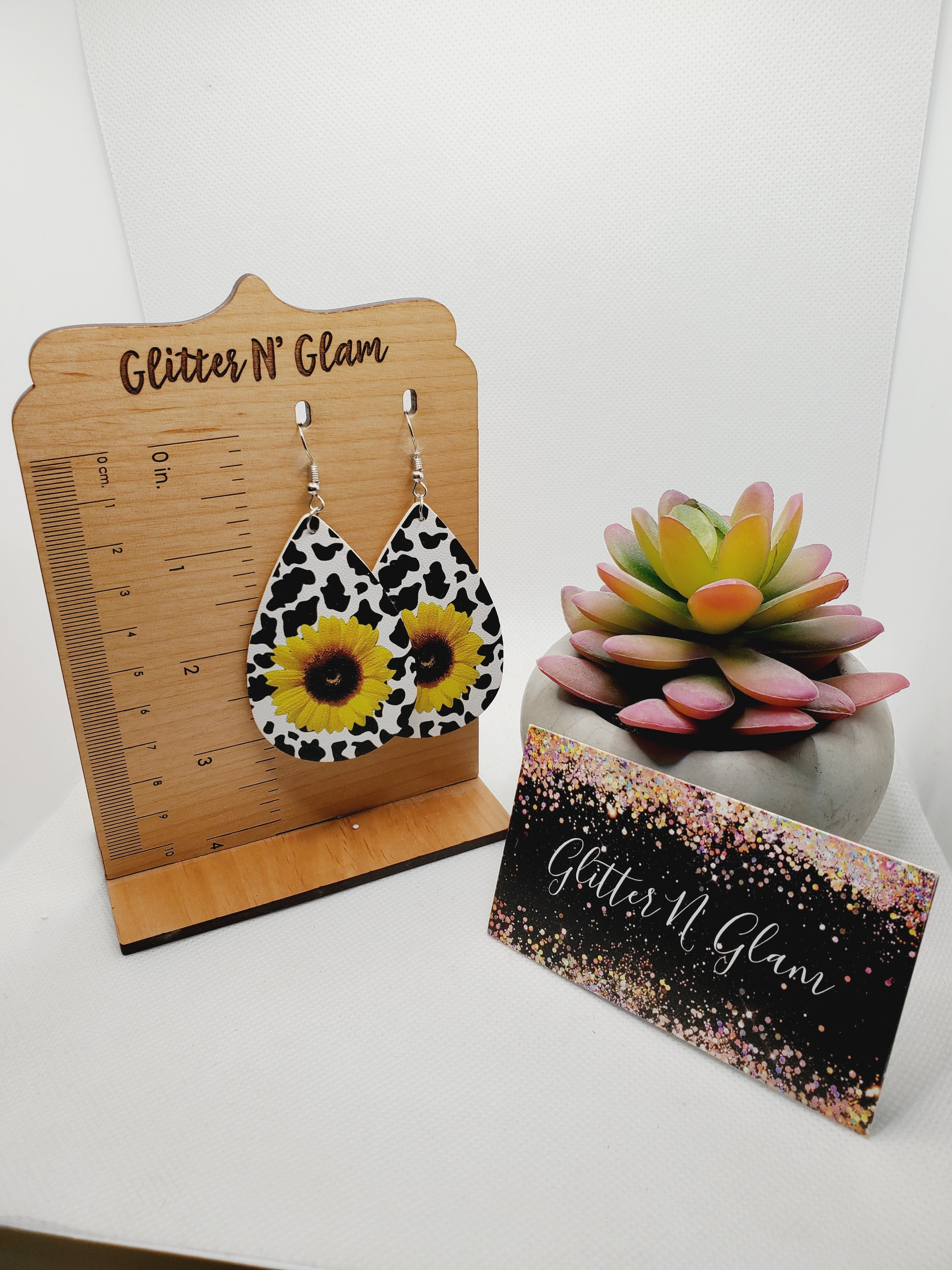 1586 Cow print and Sunflower Dangle Earrings