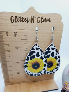 1586 Cow print and Sunflower Dangle Earrings