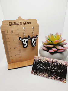 1573 Black and White Cow Print with Wood Findings Dangle Earrings