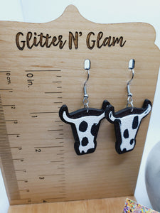 1573 Black and White Cow Print with Wood Findings Dangle Earrings