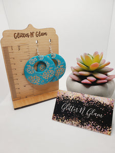 1580 Big Teal Embrossed Wood Dangle Earrings
