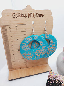1580 Big Teal Embrossed Wood Dangle Earrings